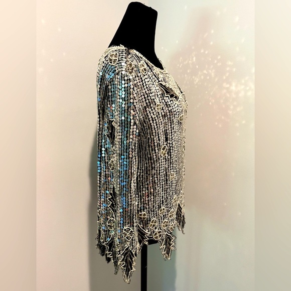 VINTAGE 80s Unbranded Black Silver Sequined Beaded Leaf Design Silk Lined Top M - Picture 3 of 7